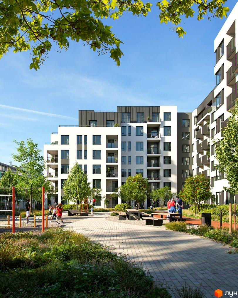 Житловий комплекс Empatika з білими фасадами та балконами, що виходить на зелене подвір'я з дитячим майданчиком та зонами відпочинку.
