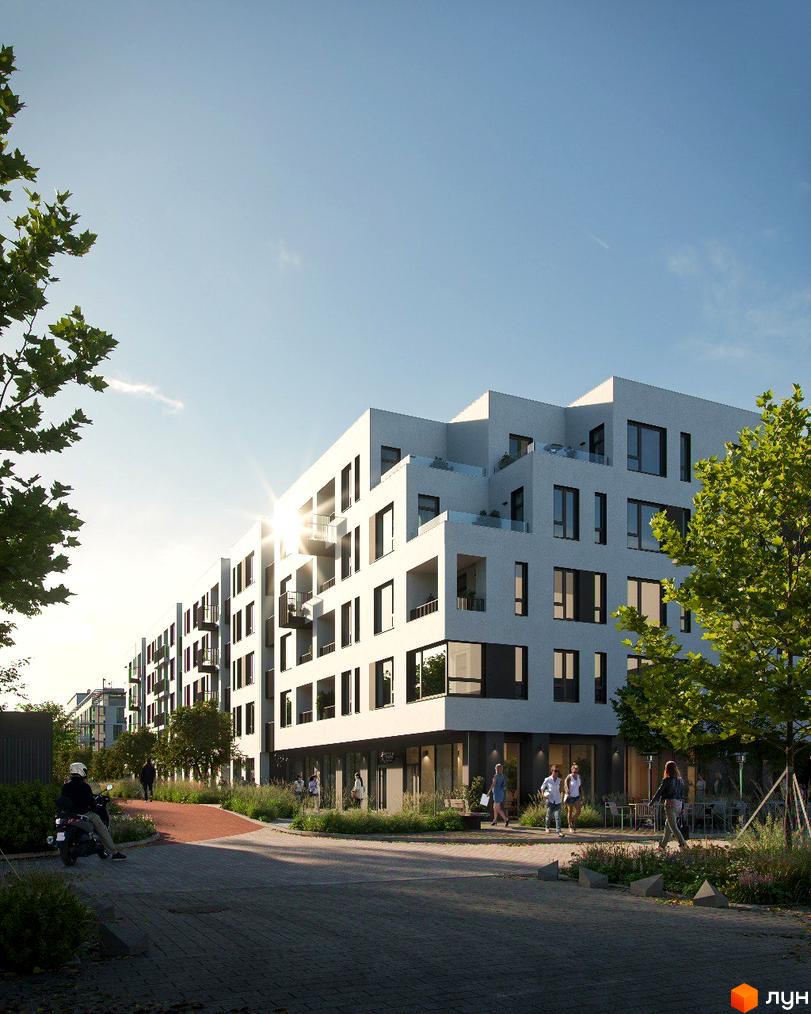 Зовнішній вигляд новобудови ЖК Empatika з балконами та великими вікнами на тлі блакитного неба. Прибудинкова територія з деревами та людьми.