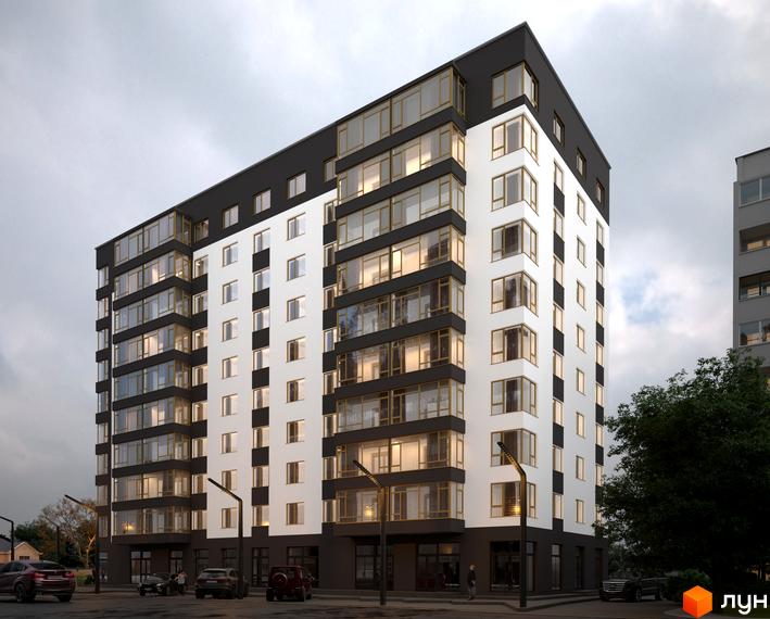 Фасад новобудови ЖК Миру з білими та чорними елементами, великими вікнами та прибудинковою територією з ліхтарями та автомобілями.