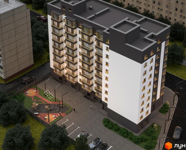 Зображення багатоповерхового будинку в Житловому комплексі Миру з дитячим майданчиком та парковкою біля нього.