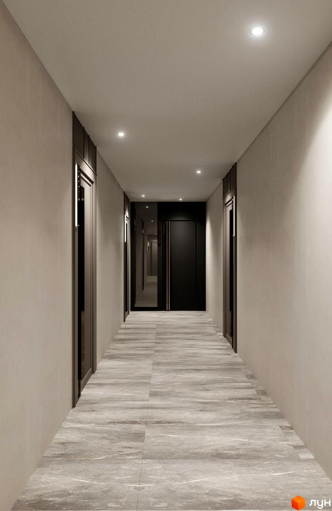 Коридор у житловому комплексі Grand Hills з сірою плиткою на підлозі та дверима з темного дерева. Інтер'єр новобудови.
