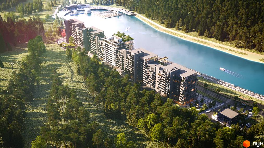 Апарт-комплекс GLACIER біля озера з човном та зеленими деревами. Комплекс має багатоповерхові будівлі з балконами та терасами.