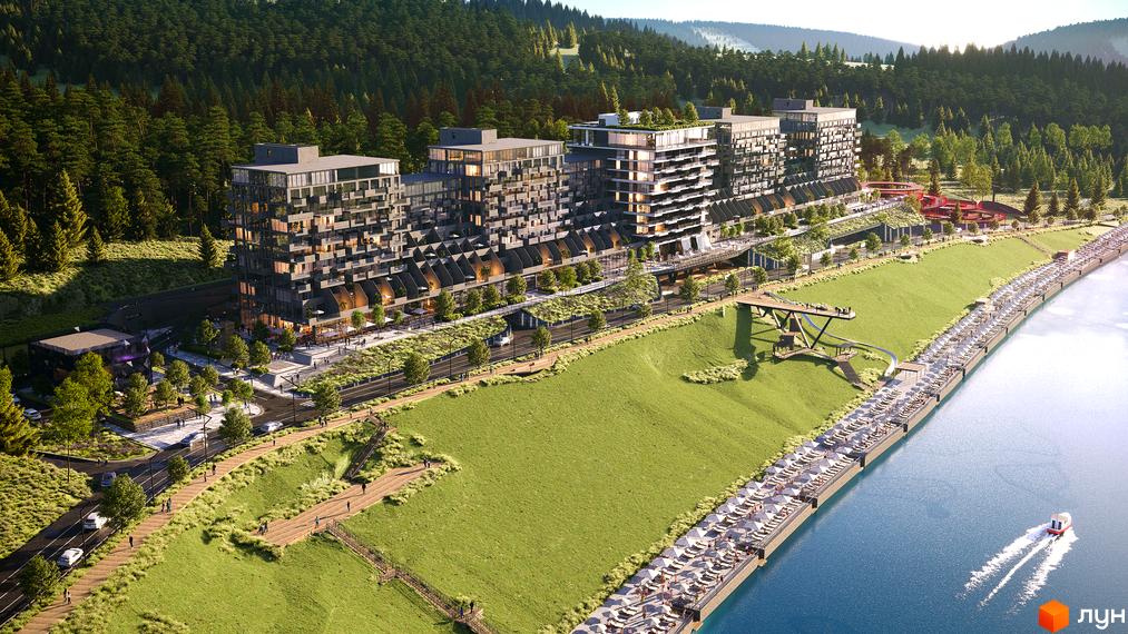 Апарт-комплекс GLACIER з багатоповерховими будівлями та терасами, розташований біля річки з пляжем та зеленим схилом.