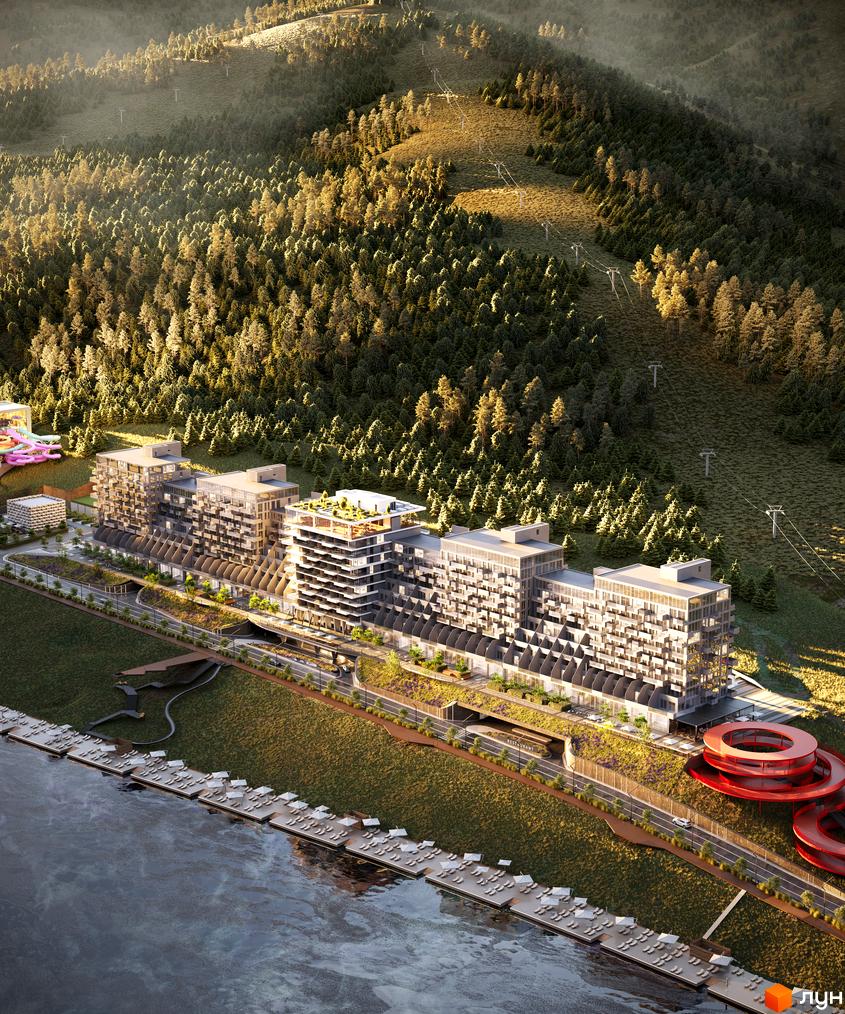 Апарт-комплекс GLACIER з терасами та балконами, розташований біля лісу та річки з набережною з шезлонгами.