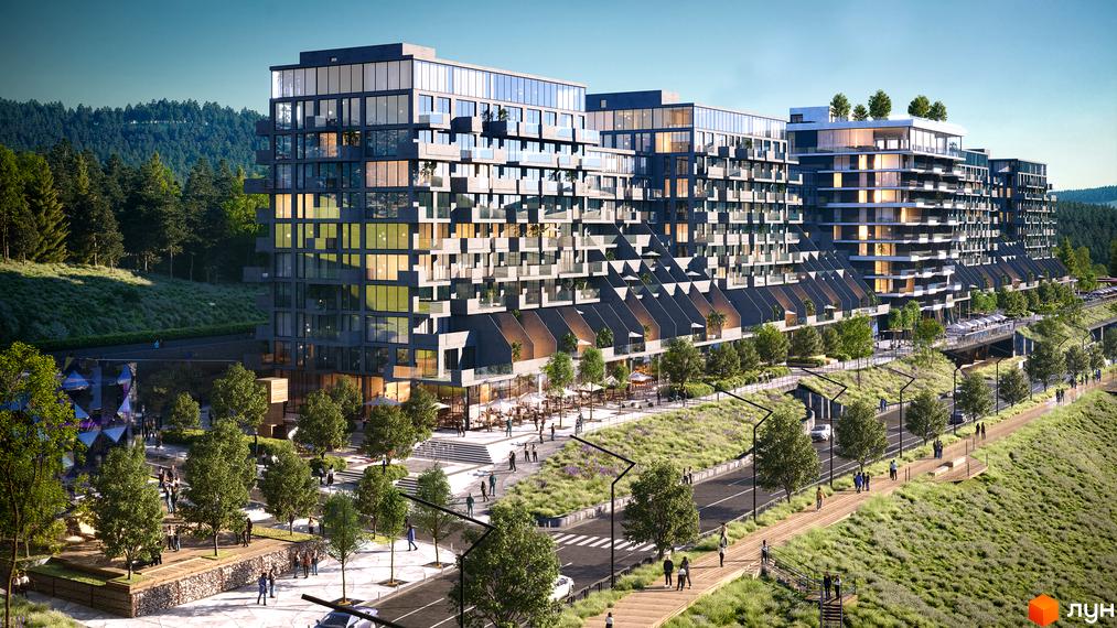 Апарт-комплекс GLACIER з багатоповерховими будівлями та терасами, розташований біля зеленого схилу гори з пішохідною зоною та деревами.