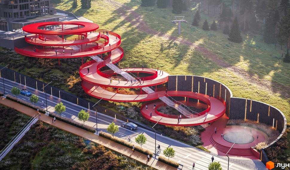 Апарт-комплекс GLACIER з червоними спіральними пандусами та зонами відпочинку біля дороги. Навколо зелена територія з деревами та пішохідними доріжками.