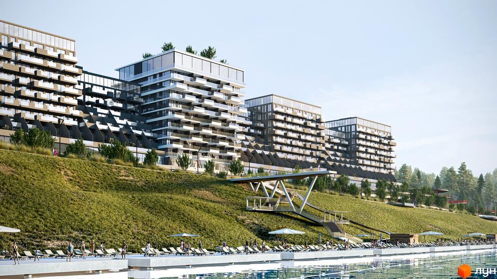 Апарт-комплекс GLACIER з терасами та скляними балконами, розташований на схилі зеленої гори біля басейну з шезлонгами.