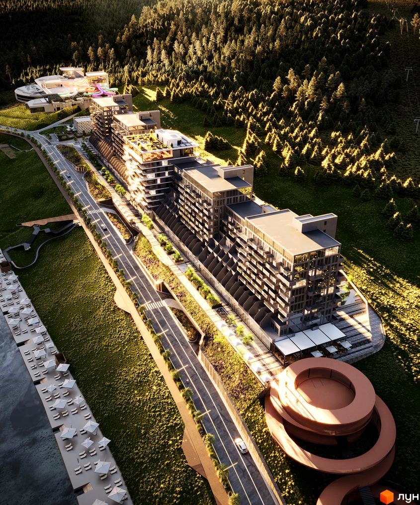 Апарт-комплекс GLACIER з фасадами з панорамним склінням розташований на схилі гори біля лісу з пляжем та шезлонгами.