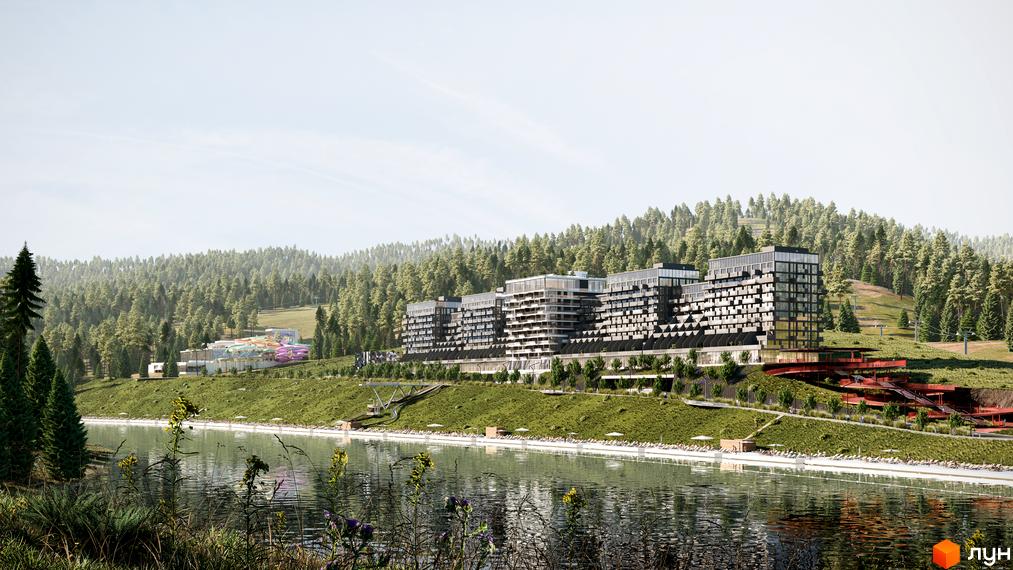 Апарт-комплекс GLACIER з фасадами з панорамними вікнами, розташований на схилі гори біля озера. На території комплексу облаштована зона відпочинку з шезлонгами та зелені насадження.