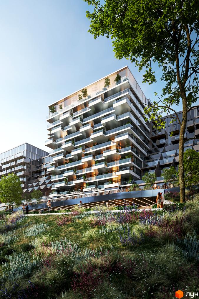 Апарт-комплекс GLACIER з каскадними балконами та скляними фасадами, оточений зеленою зоною з квітами та деревами.
