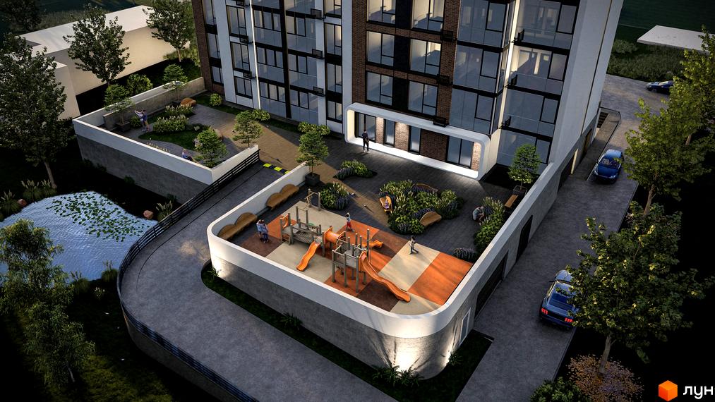 Зовнішній вигляд новобудови ЖК Онікс з дитячим майданчиком та зоною відпочинку біля водойми. Сучасний житловий комплекс з доглянутою прибудинковою територією.