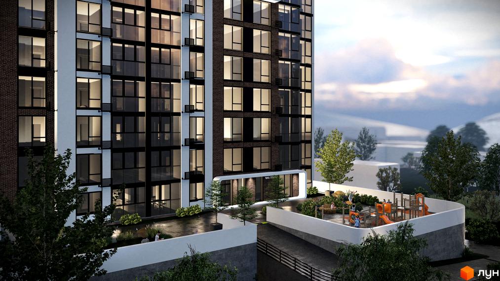 Житловий комплекс Онікс: фасади будинку з панорамними вікнами та дитячий майданчик на прибудинковій території.