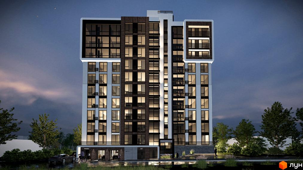 Житловий комплекс Онікс - це висотна новобудова з цегляним та білим фасадом, великою кількістю вікон та балконів. Перед будинком розташована прибудинкова територія з деревами та місцями для паркування.