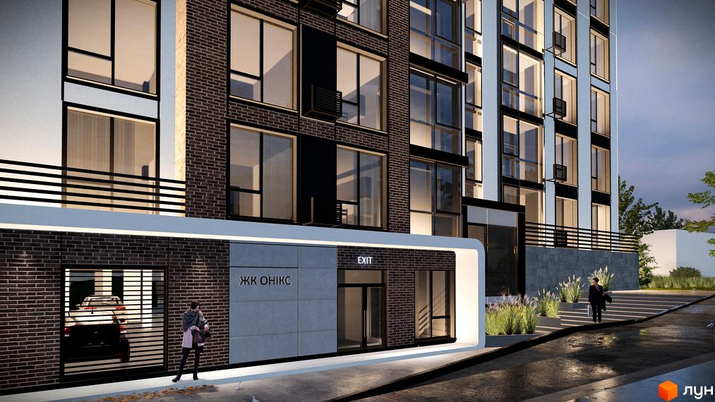 Фасад житлового комплексу Онікс з цегляним оздобленням та великими вікнами. Поруч розташовані сходи та зелені насадження.