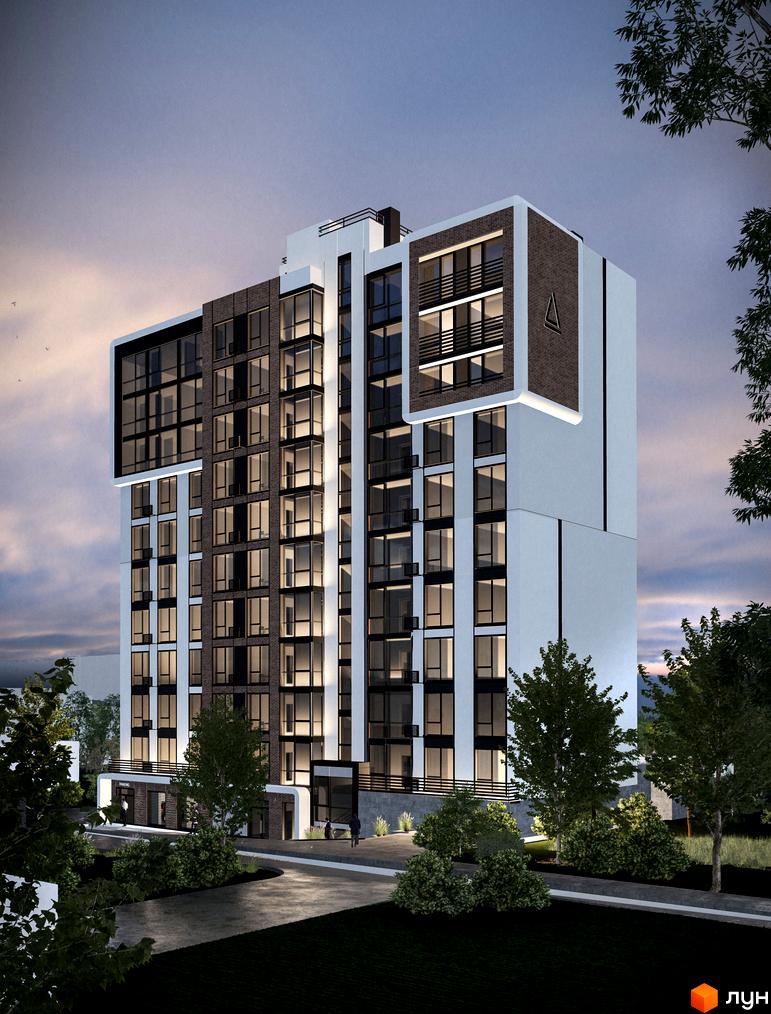 Зовнішній вигляд новобудови ЖК Онікс з великою кількістю вікон та балконів на тлі вечірнього неба. Прибудинкова територія з деревами та освітленням.