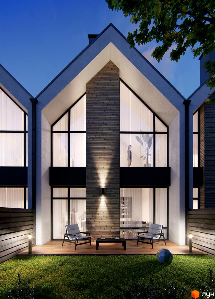 Таунхауси FreeDOM's: фасади з великими вікнами та цегляним оздобленням, зелена галявина та дерев'яна тераса з меблями.