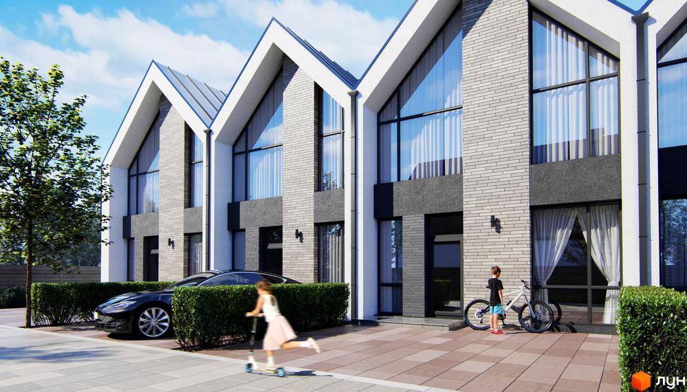 Таунхауси FreeDOM's: фасади з сірої цегли та великі вікна. Прибудинкова територія з деревами, кущами та дитячим майданчиком.