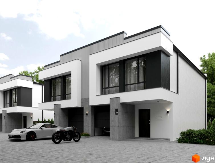 Дуплекси Duplex – двоповерхові будинки з великими вікнами та гаражами, прибудинкова територія з автомобілем та мотоциклом.