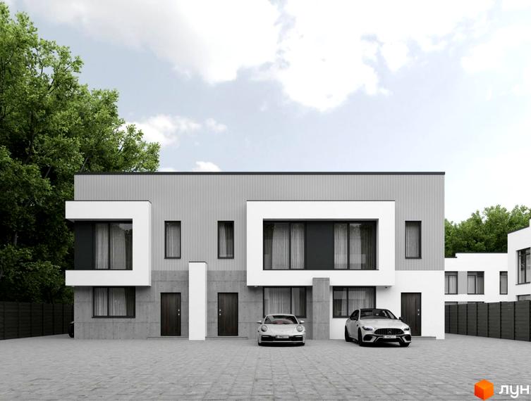Зображення житлового комплексу Townhouse. Білі та сірі фасади таунхаусів з панорамними вікнами, перед будинками парковка для автомобілів.