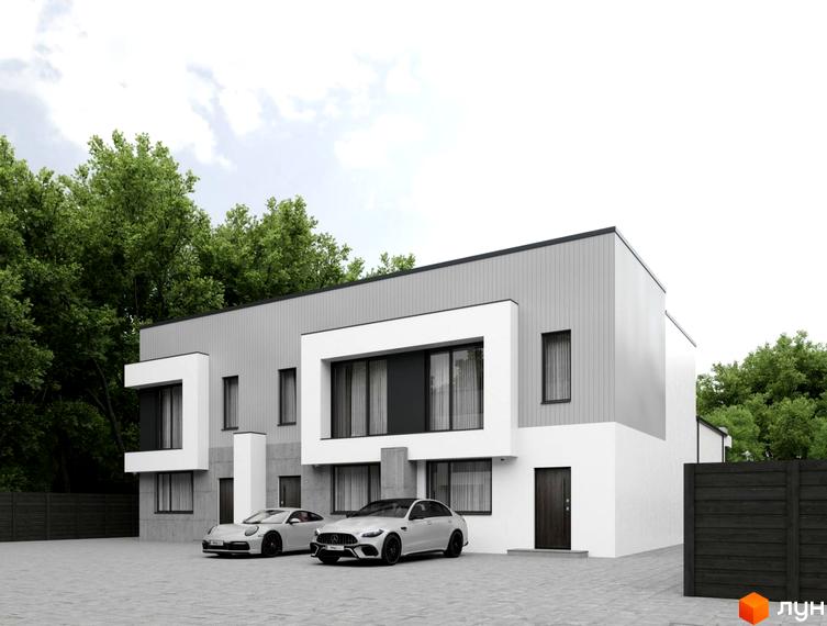 Зовнішній вигляд таунхаусів Townhouse з білими фасадами та темними вікнами. На території розташовані автомобілі та бруківка.