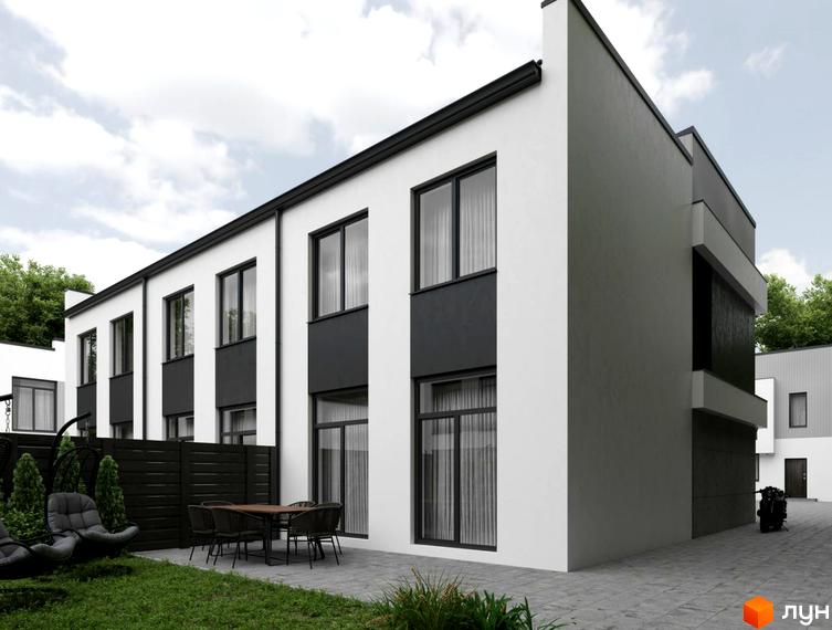 Білосніжні таунхауси з чорними акцентами, тераса з меблями та зелена зона. Житловий комплекс Townhouse - ідеальне місце для життя.