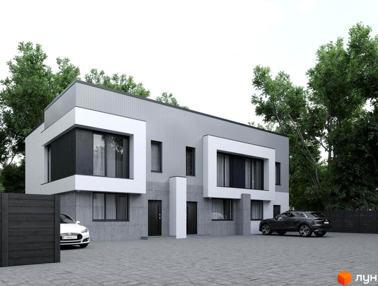 Зображення сторінки житлового комплексу Townhouse. Двоповерховий будинок з панорамними вікнами та парковкою перед будинком.