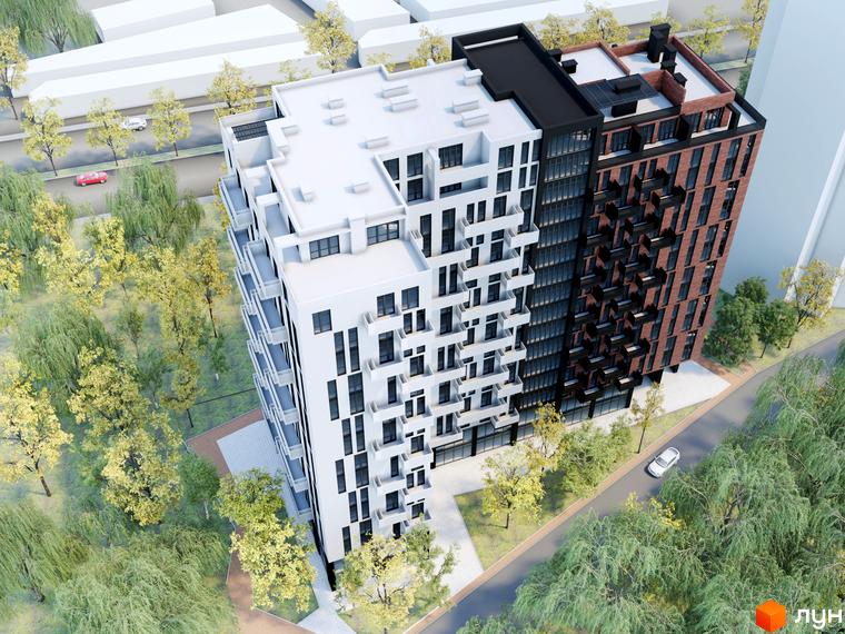 Зображення фасаду житлового комплексу Пространство на Тульской з балконами. Навколо будинку дерева та дорога з автомобілями.