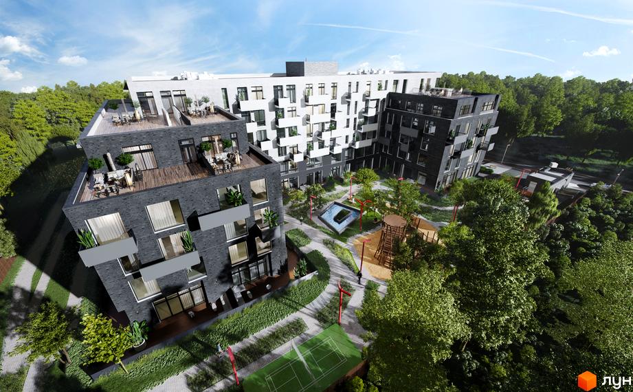 Простір на 9-й Фонтана: сучасний житловий комплекс з терасами, балконами та зеленою прибудинковою територією з дитячим майданчиком та зоною відпочинку.