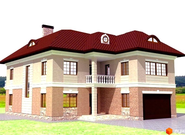 Зовнішній вигляд будинку КМ Montana Village з червоною дахом та балконом. Прибудинкова територія з зеленим газоном.