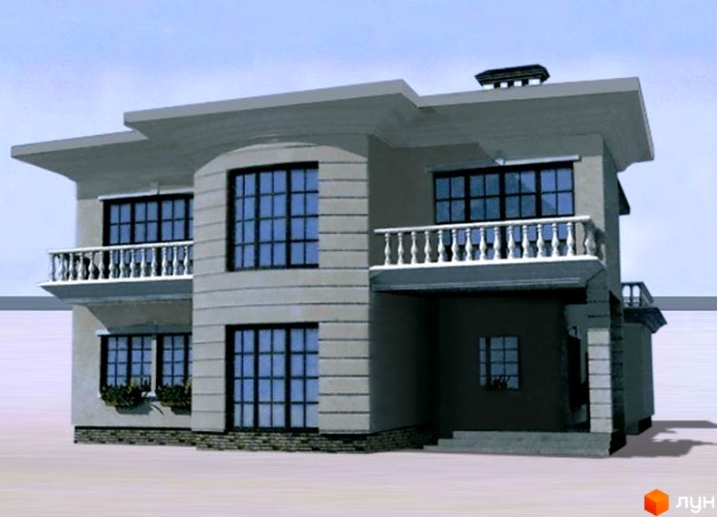 Зображення двоповерхового будинку в Котеджному містечку Montana Village з великими вікнами та балконами. Навколо будинку видно прибудинкову територію.