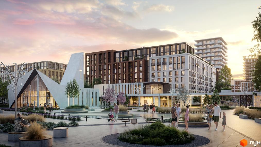 Житловий комплекс PARK ROYAL: архітектура з цегли та світлого фасаду, простора прибудинкова територія з озелененням, місцями для відпочинку та дитячим майданчиком.