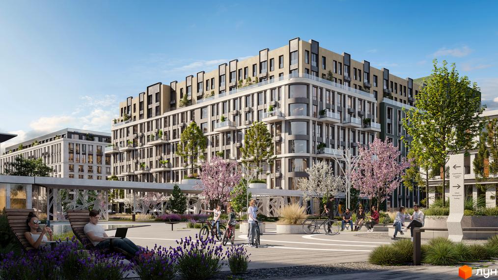 Житловий комплекс PARK ROYAL. Сучасна архітектура будівель з балконами та скляними елементами, зелена прибудинкова територія з місцями для відпочинку та велосипедами.