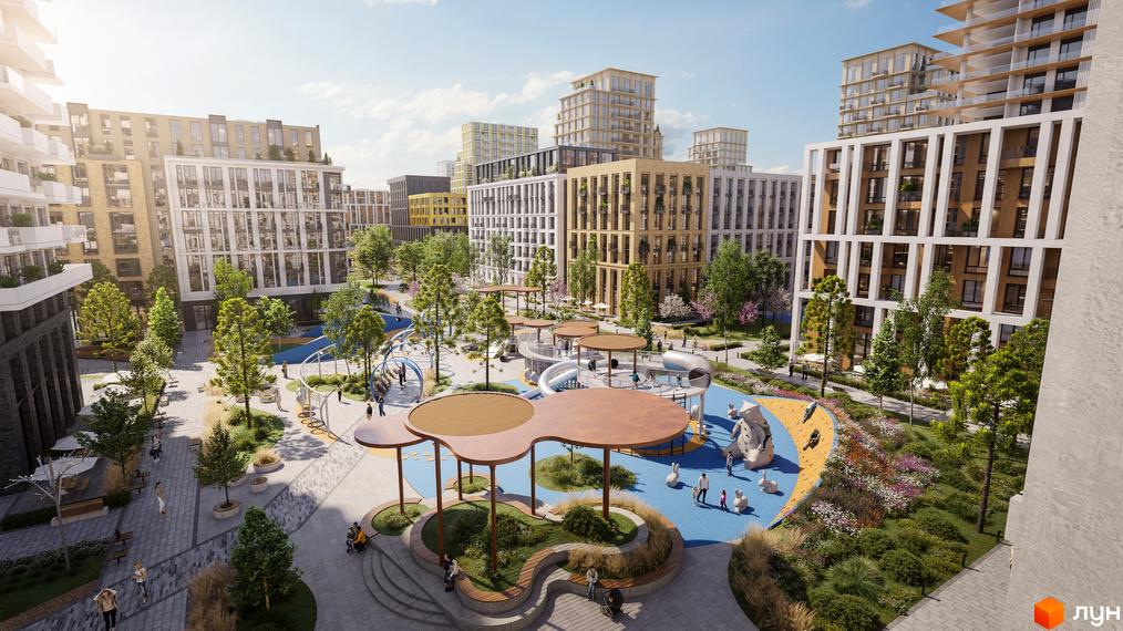 Житловий комплекс PARK ROYAL з багатоповерховими будинками та сучасною зоною відпочинку з дитячим майданчиком та зеленими насадженнями.