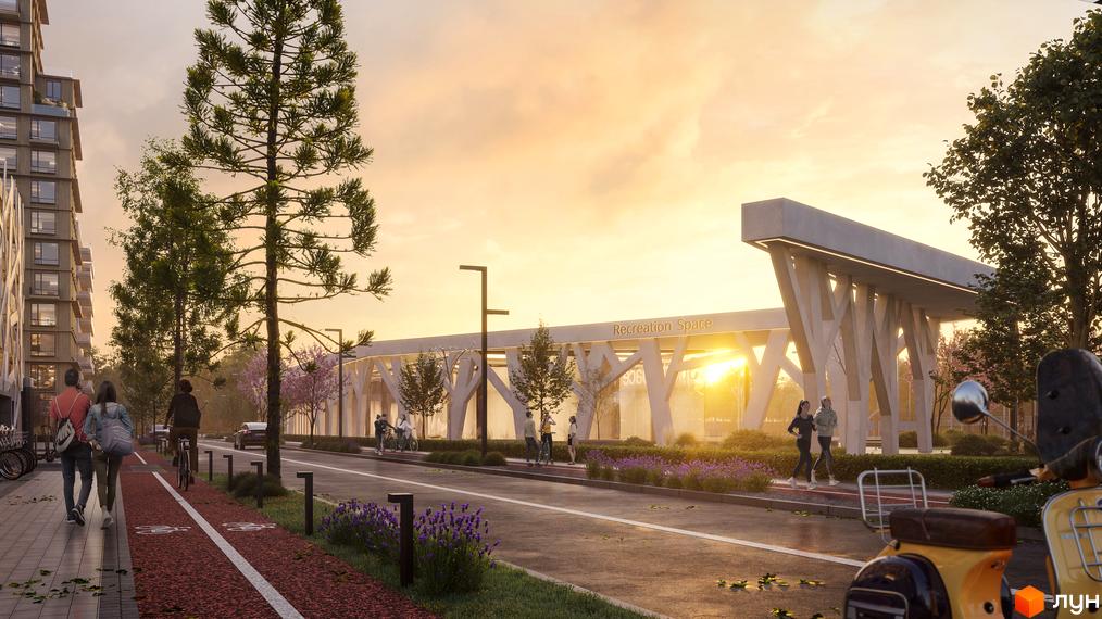 Житловий комплекс PARK ROYAL: фасади будівель та зелена прибудинкова територія з велодоріжками та місцями для відпочинку.