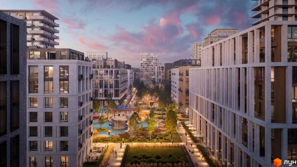 Житловий комплекс PARK ROYAL: фасади будівель з колонами та балконами, зелена прибудинкова територія з дитячим майданчиком та місцями для відпочинку.