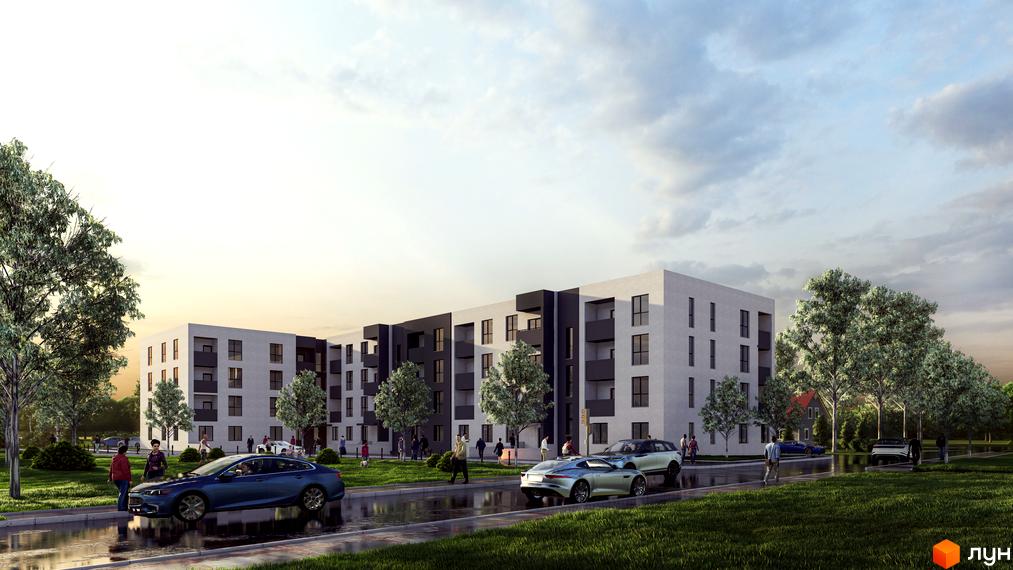 Зовнішній вигляд новобудови на вул. Рубчака з прибудинковою територією та зеленими насадженнями. Сучасний житловий комплекс з автомобілями та пішоходами.