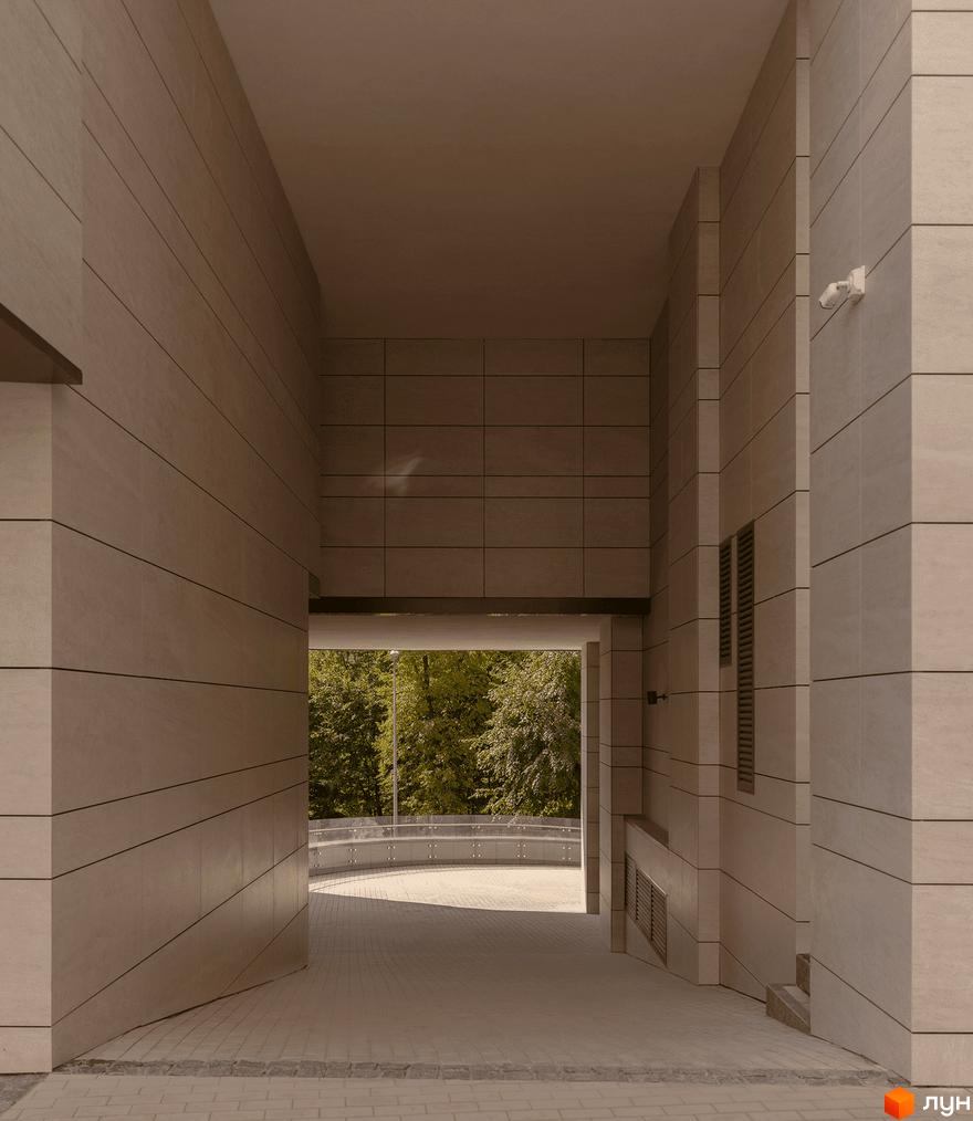 Зовнішній вигляд житлового комплексу Crystal Park Tower з облицьованими фасадами та входом до прибудинкової території з деревами.