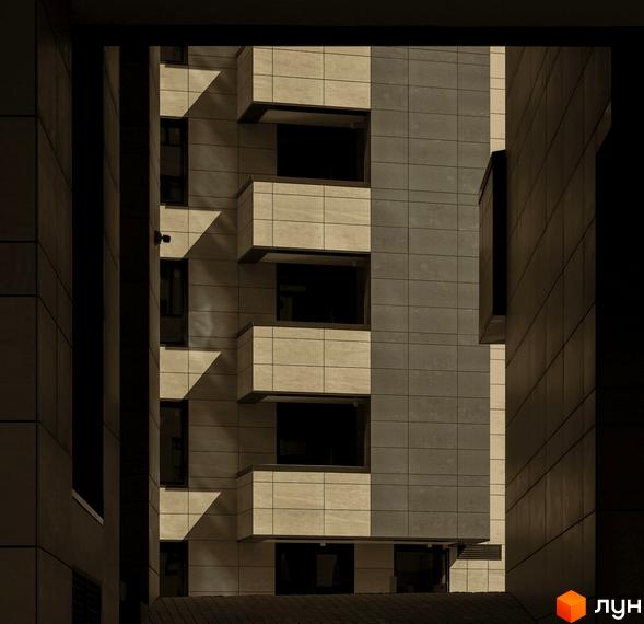 Зовнішній вигляд новобудови Crystal Park Tower з балконами та вікнами, облицьованими світлим каменем та сірою плиткою.