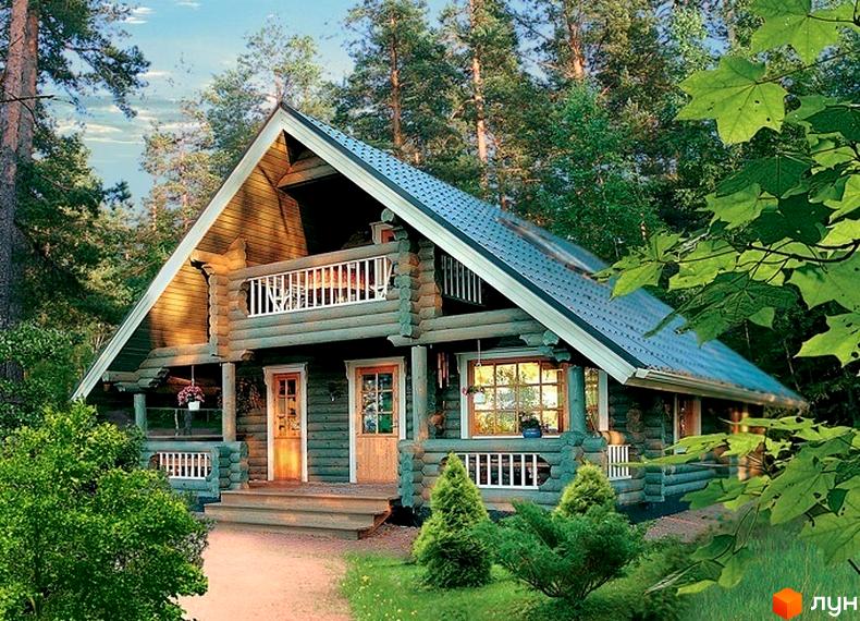 Зовнішній вигляд котеджного комплексу КМ Європейський з дерев'яною архітектурою та зеленими насадженнями на прибудинковій території.