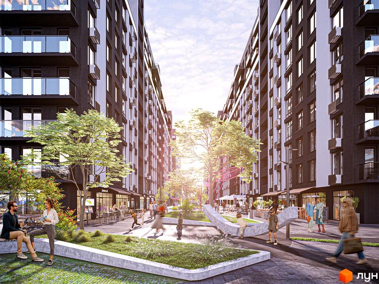 Зображення Житлового комплексу Manhattan Up з високими будинками темного кольору та білими акцентами. На прибудинковій території облаштовані зелені зони, пішохідні доріжки та комерційні приміщення.