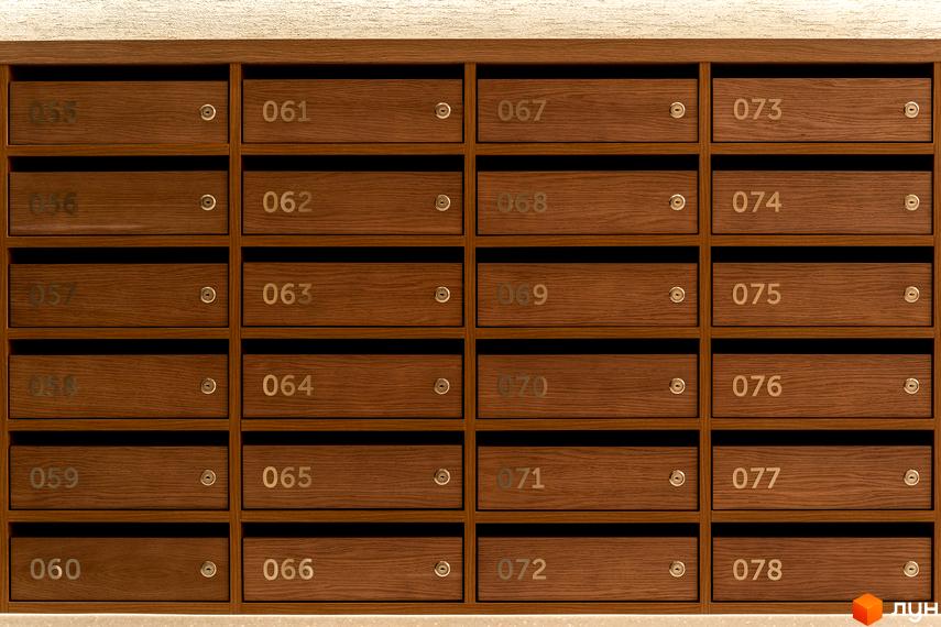 Секція поштових скриньок з номерами від 055 до 078, виготовлена з дерева. Зовнішній вигляд фасаду новобудови ЖК Crystal Park Tower.