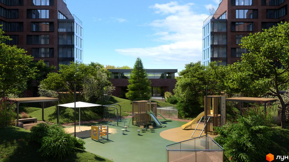 Житловий комплекс MAVERICK: багатоповерхові будинки з цегли та скляними фасадами, оточені зеленим дитячим майданчиком.