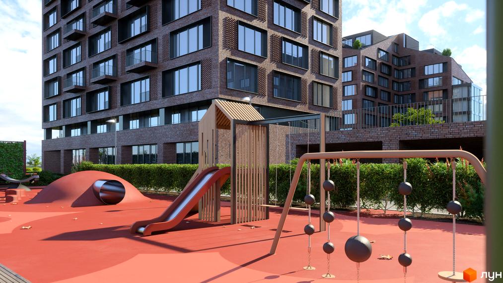 Житловий комплекс MAVERICK з цегляними фасадами та дитячим майданчиком. На території комплексу є гірка, гойдалки та зелені насадження.