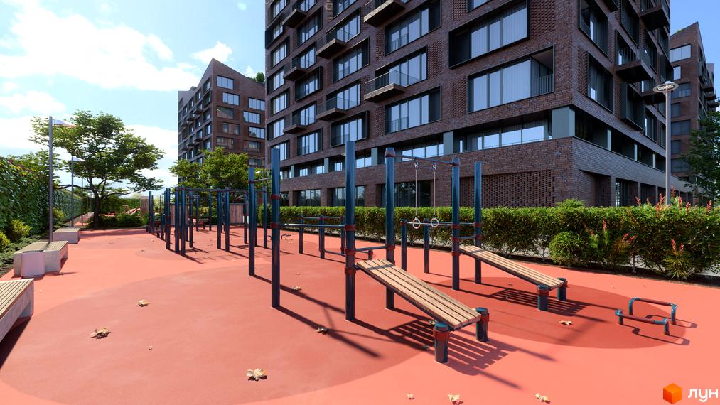 Житловий комплекс MAVERICK з фасадом з цегли та обладнаним спортивним майданчиком на території. Високі будинки з панорамними вікнами.