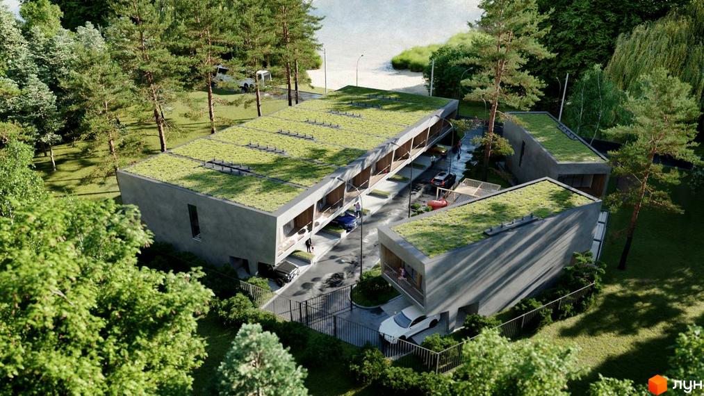 Котеджне містечко Співоче озеро з будинками, що мають сірі фасади та зелені дахи. Територія оточена деревами та зеленню, поруч водойма.