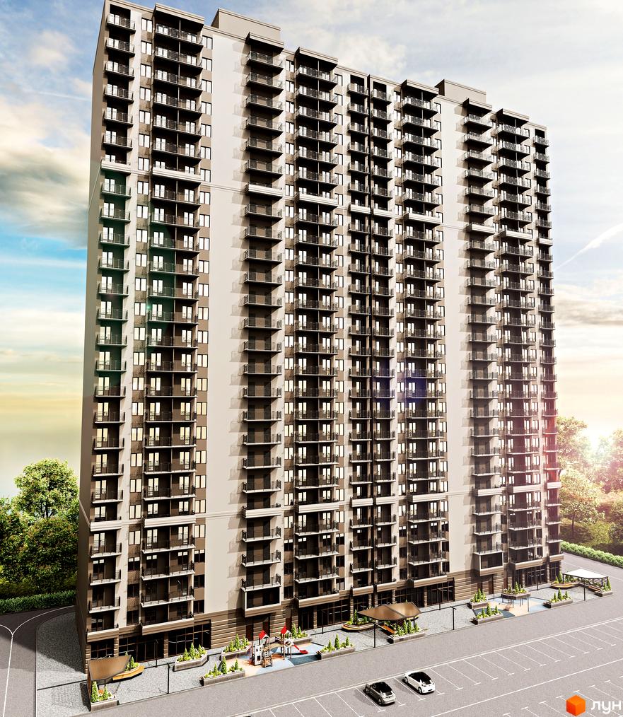 Житловий комплекс Еллада - висотна новобудова з численними балконами, з прибудинковою територією, парковкою та дитячим майданчиком.