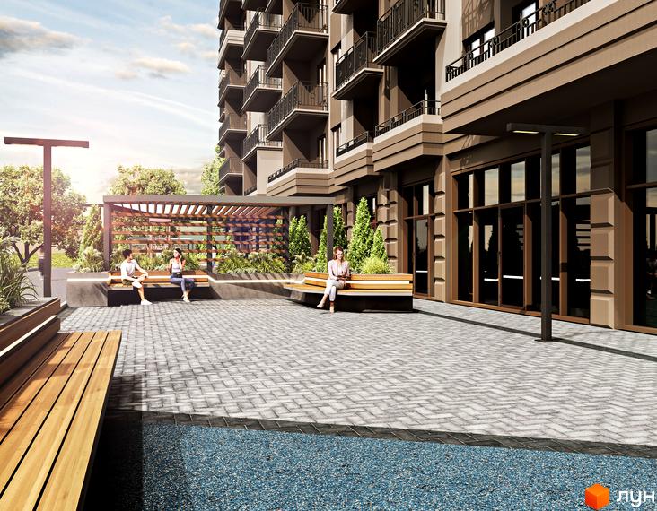 Житловий комплекс Еллада: фасад будівлі з балконами та прибудинкова територія з лавками та озелененням.