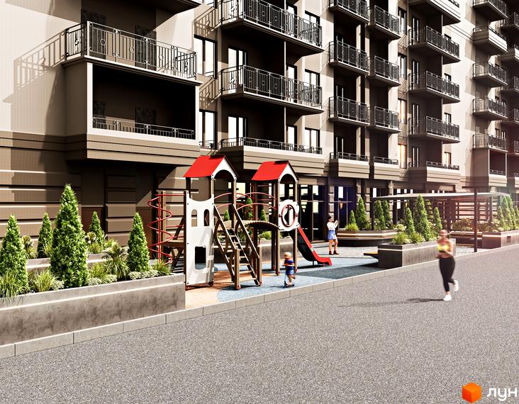 Житловий комплекс Еллада: фасади будівель з балконами та дитячий майданчик з гірками та гойдалками.