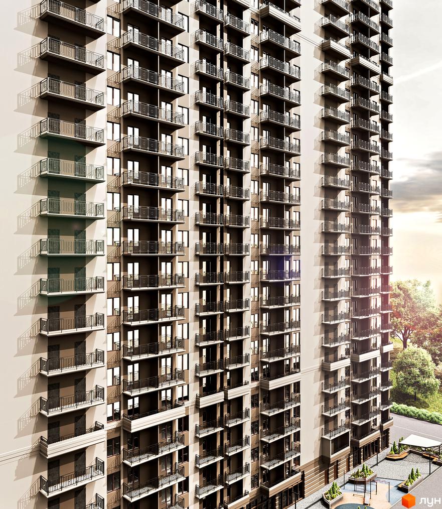 Житловий комплекс Еллада - висотна новобудова з численними балконами та панорамними вікнами. Прибудинкова територія з зонами відпочинку та озелененням.