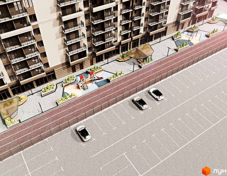 Будівельний проєкт Еллада з дитячим майданчиком та паркінгом. Зовнішній вигляд будинку та прибудинкова територія.